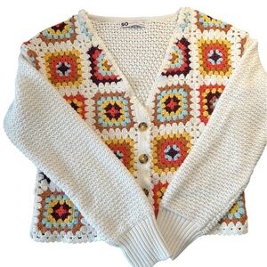 SO Red and White Geometric Cardigan Sweater